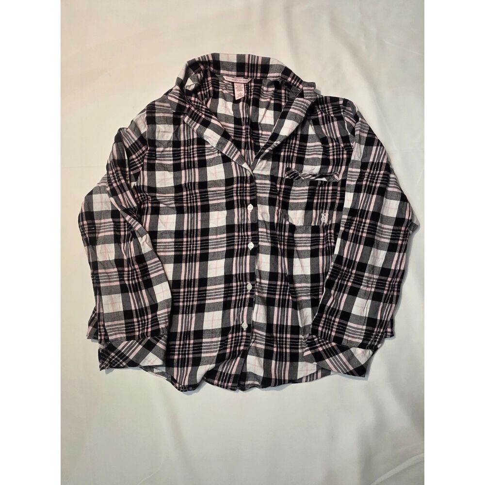Victoria's Secret Women's Large Pink Black Plaid Cotton Flannel Pajama Top L